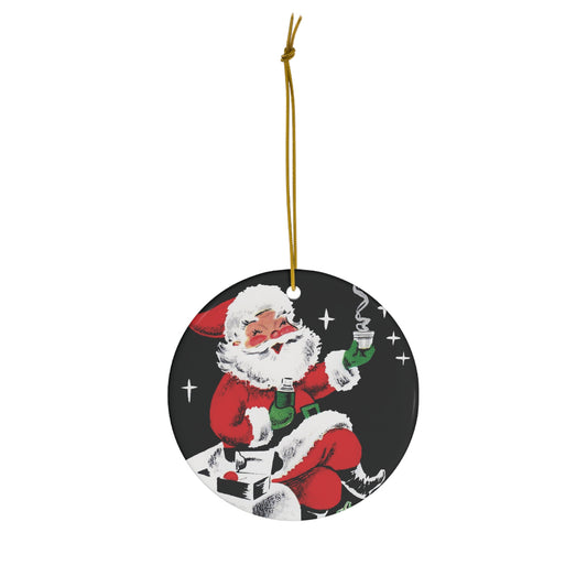 Santa On Chimney With Hot Cocoa Mid Century Retro Christmas Print Ceramic Ornament