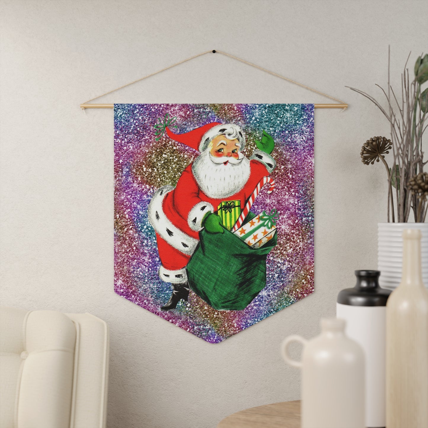 Santa With His Sack Of Presents Glitter Background Mid Century Retro Christmas Print Wall Hanging Banner Flag