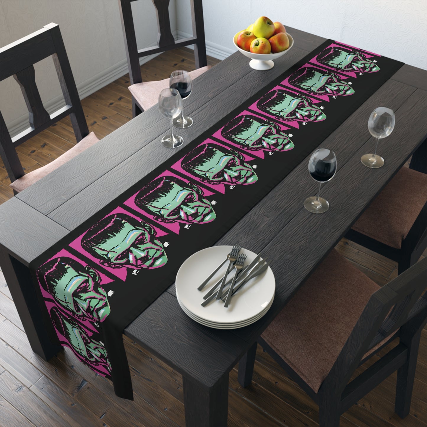 Frankenstein Monster Retro Halloween Print Black Cotton Poly Table Runner