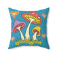 This polyester spun pillow features retro 70s style mushrooms, flowers and hearts with a vintage blue background.