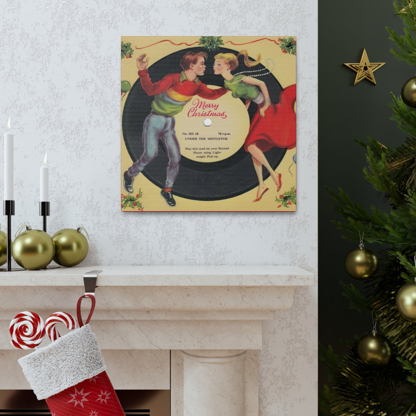 Under The Mistletoe Merry Christmas Couple Record Retro Print Canvas Gallery Wraps