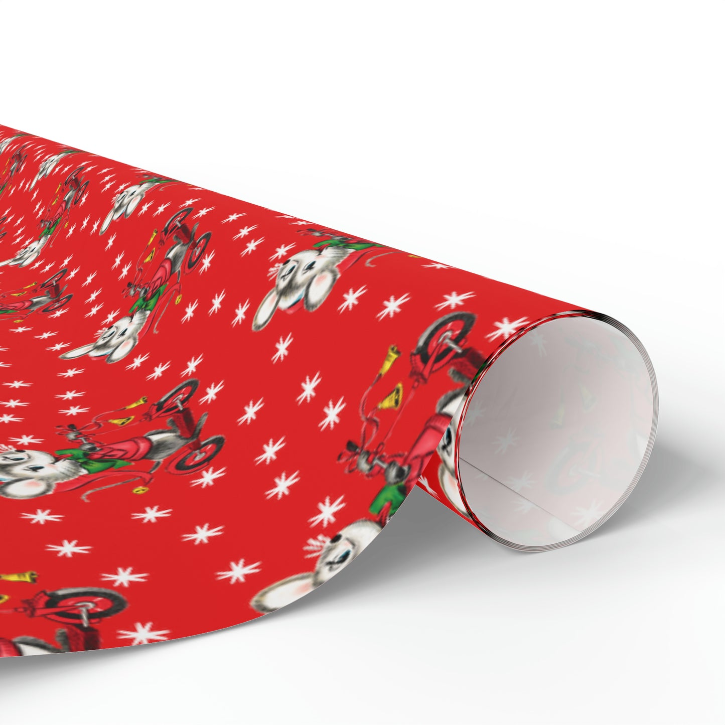 Christmas Mouse On Scooter Stars Red Mid Century Retro Christmas Print Holiday Gift Wrap Paper - Glossy Or Matte