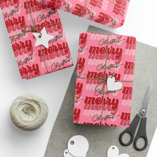 Merry Merry Merry Christmas Pink Retro Style Christmas Print Holiday Gift Wrap Paper - Glossy Or Matte