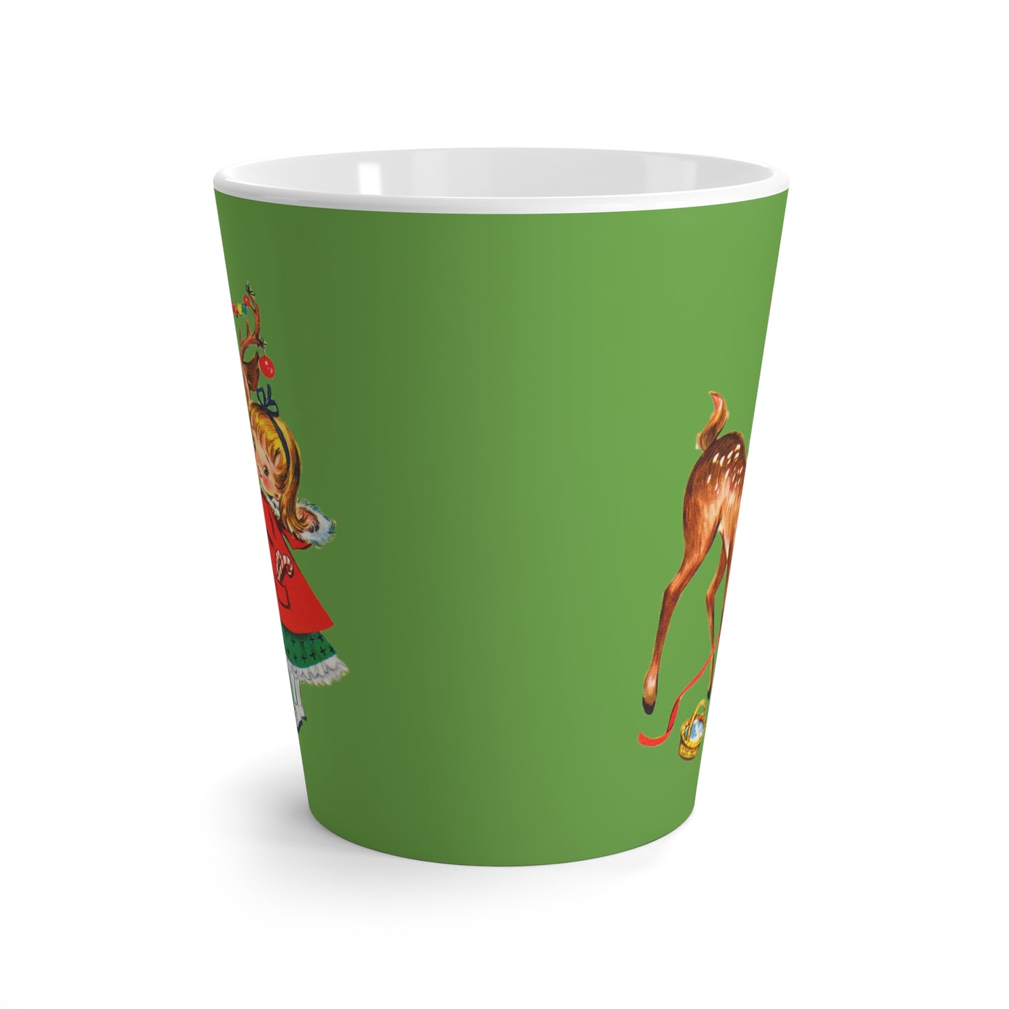 Girl With Christmas Reindeer Mid Century Retro Christmas Print Latte Mug