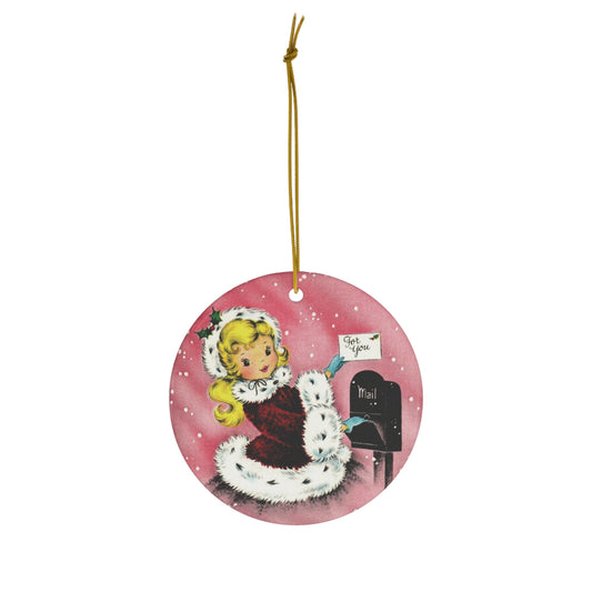 Christmas Lady At Mailbox Mid Century Retro Christmas Print Ceramic Ornament