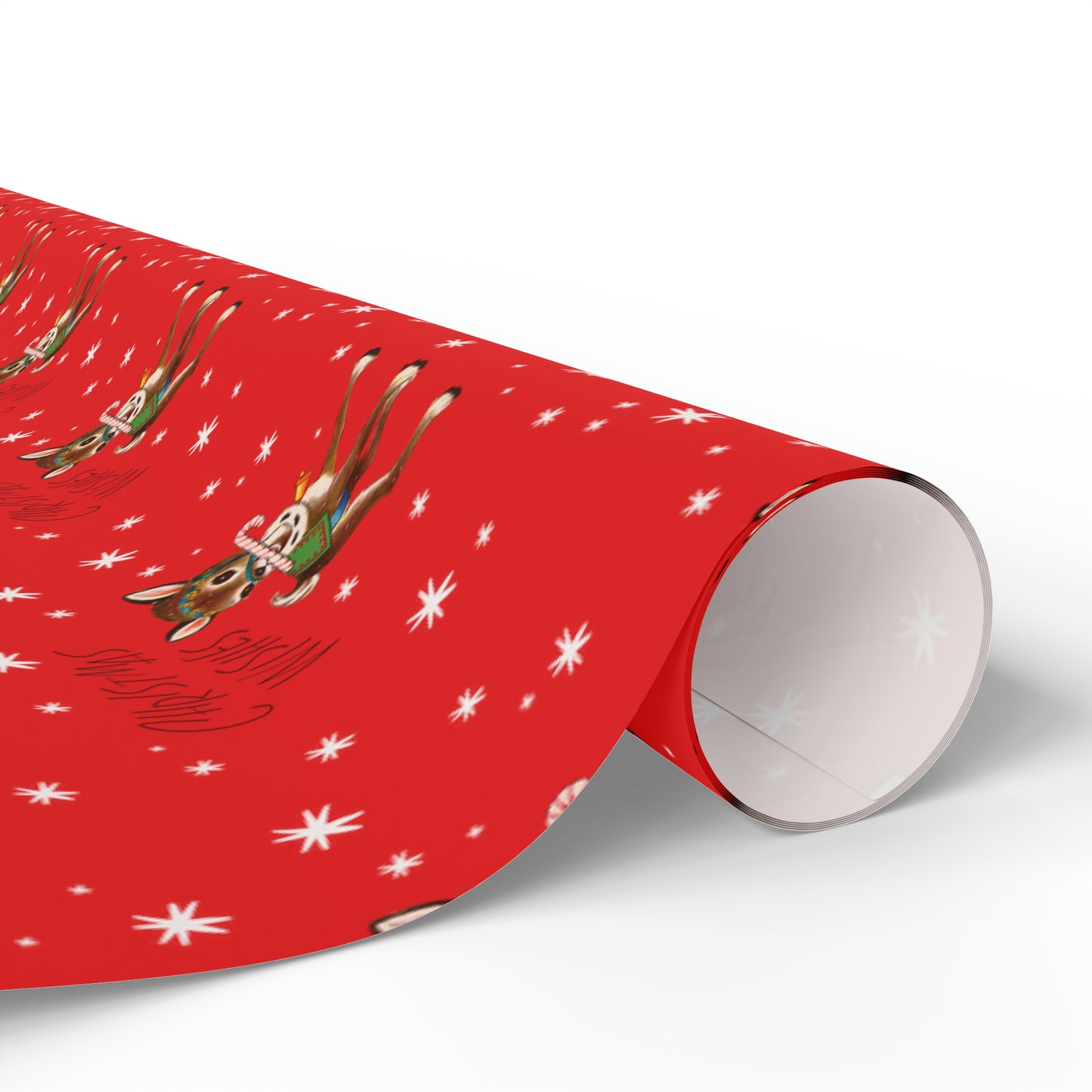 Christmas Wishes Reindeer With Candy Cane Red Mid Century Retro Christmas Print Holiday Gift Wrap Paper - Glossy Or Matte