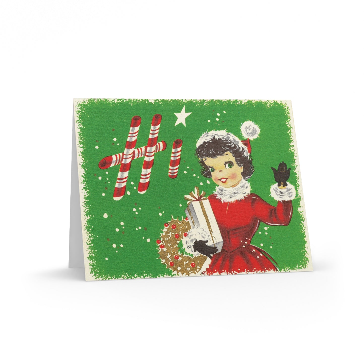 Hi Christmas Lady With Present And Wreath Mid Century Retro Christmas Print Matte Greeting Cards (8, 16, and 24 pcs)