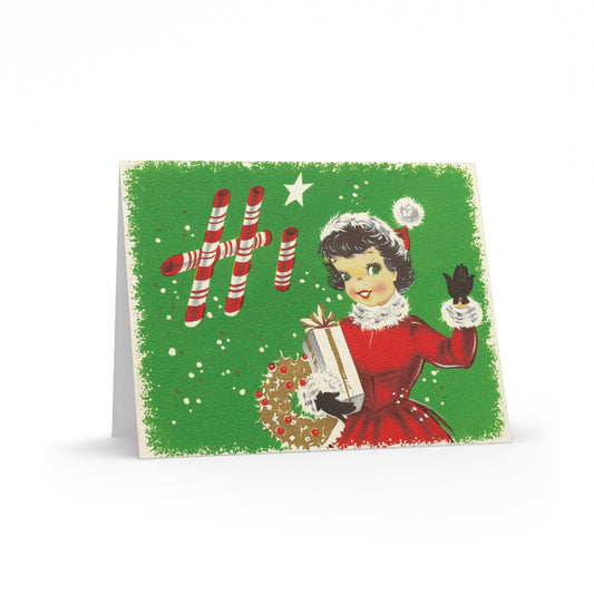 Hi Christmas Lady With Present And Wreath Mid Century Retro Christmas Print Matte Greeting Cards (8, 16, and 24 pcs)