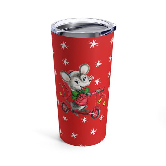 Christmas Mouse On Scooter Stars Mid Century Retro Christmas Print Stainless Steel Tumbler 20oz