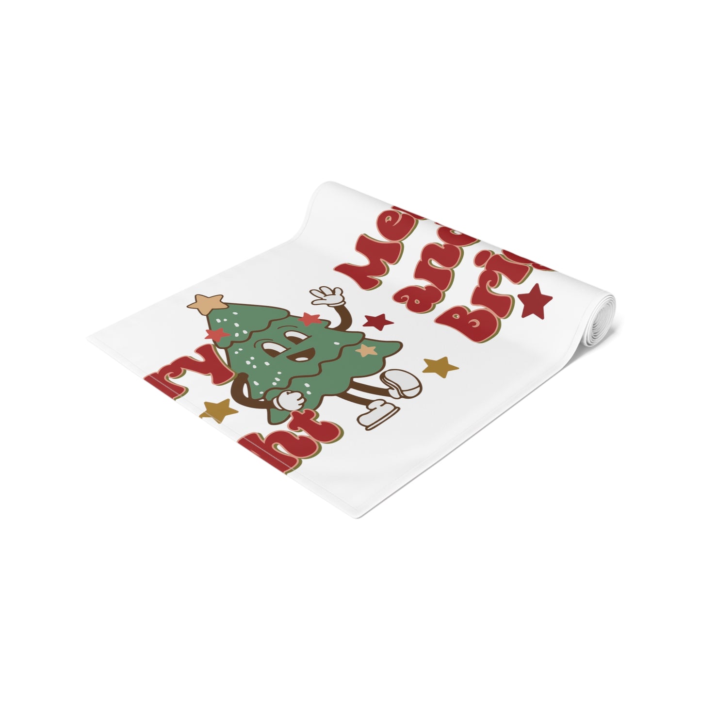 Merry And Bright Cute Christmas Tree Retro Style Christmas Print Home Decor Cotton Poly Table Runner