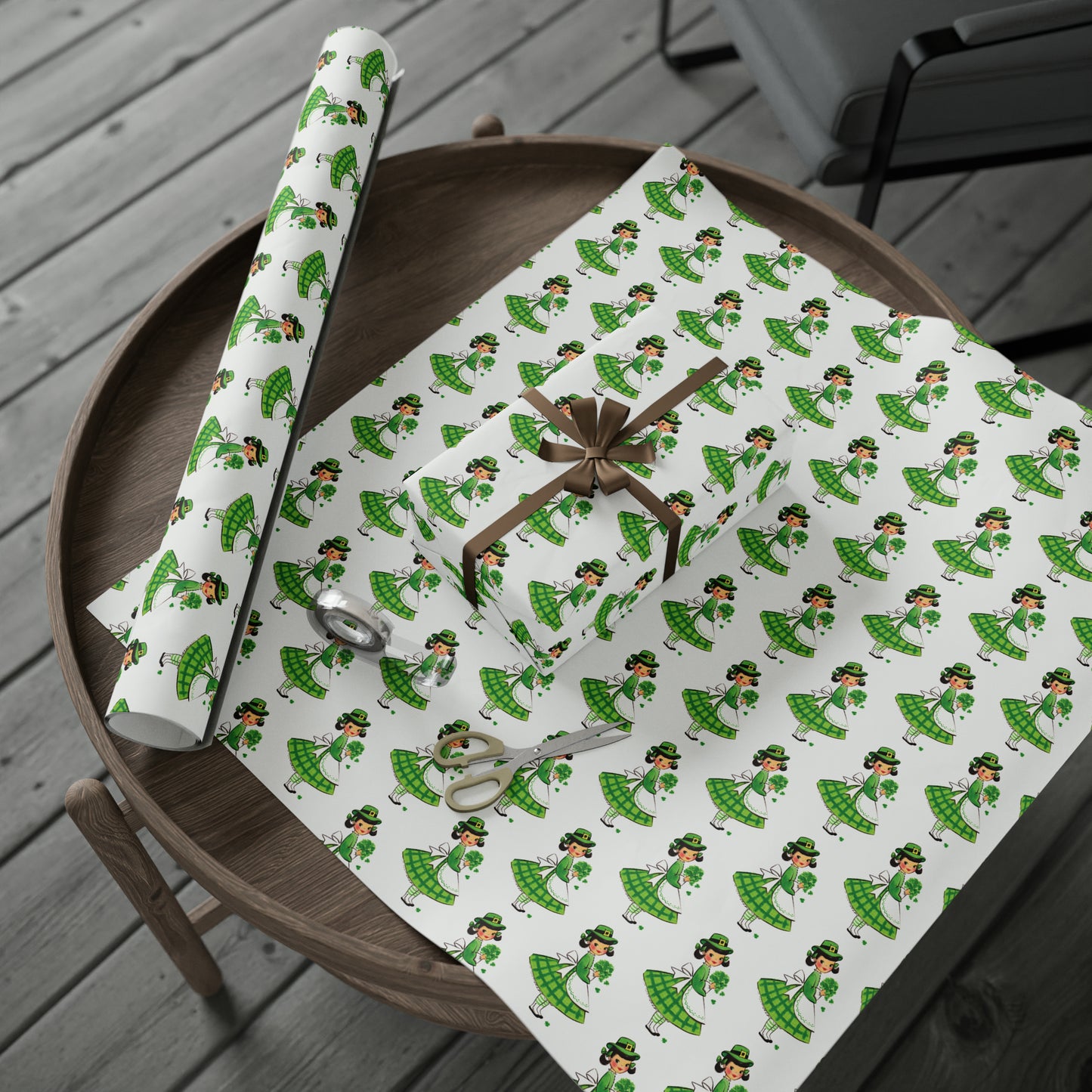 St Patrick's Day Girl Four Leaf Clovers Retro St Patrick's Day Print Holiday Gift Wrap Paper - Glossy Or Matte