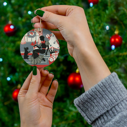 Christmas Lady With Black Scottie Deco Retro Christmas Print Ceramic Ornament