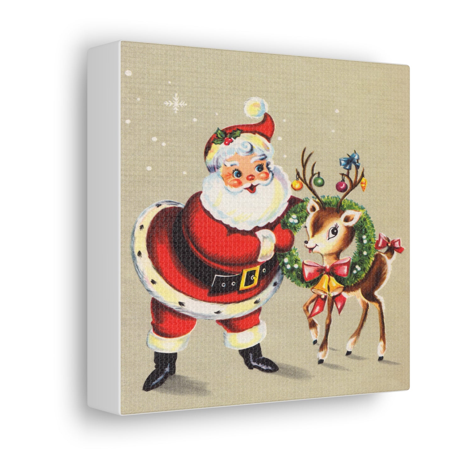 Santa And Reindeer Mid Century Retro Christmas Canvas Gallery Wrap