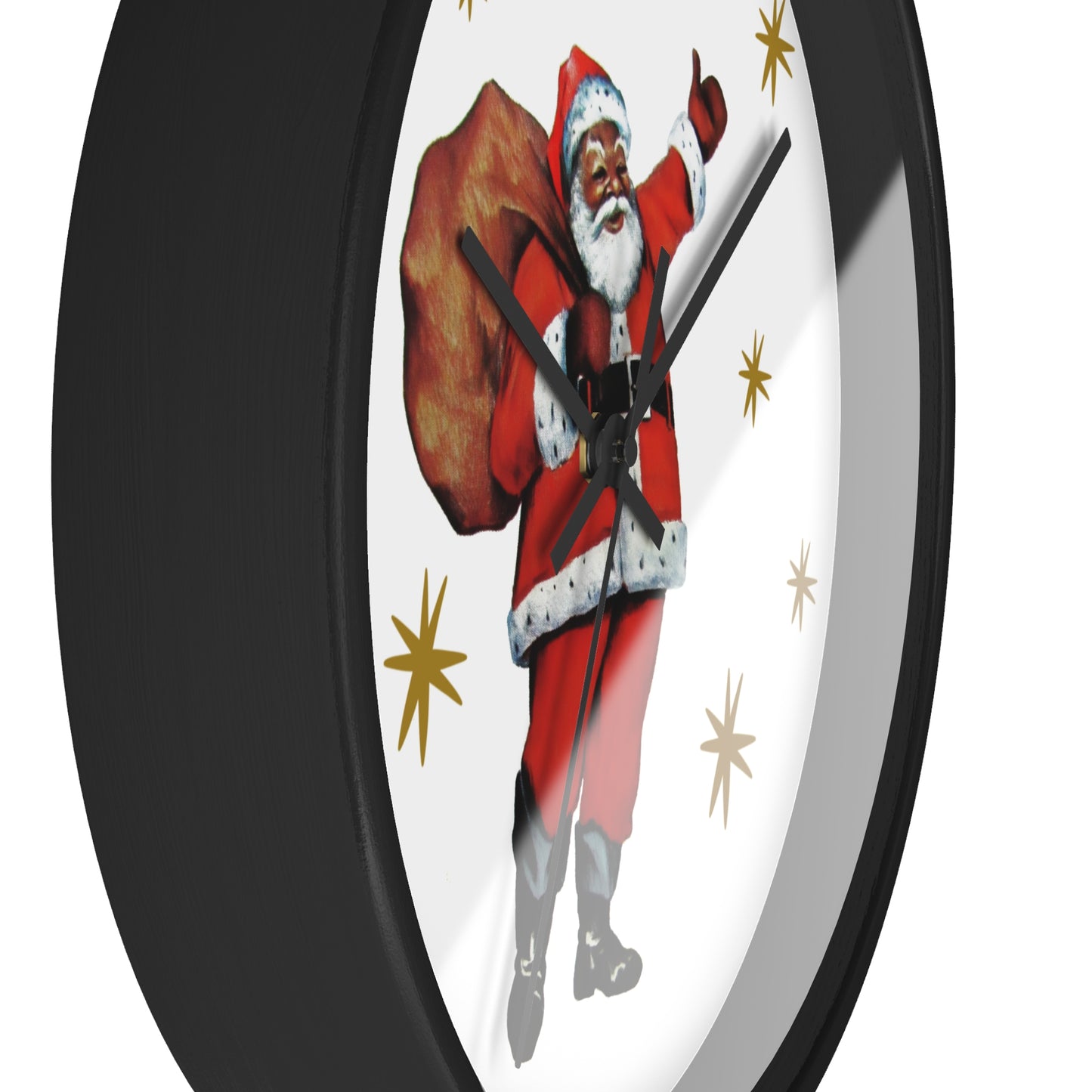 Santa Gold Stars Retro Christmas Print Black Wall Clock