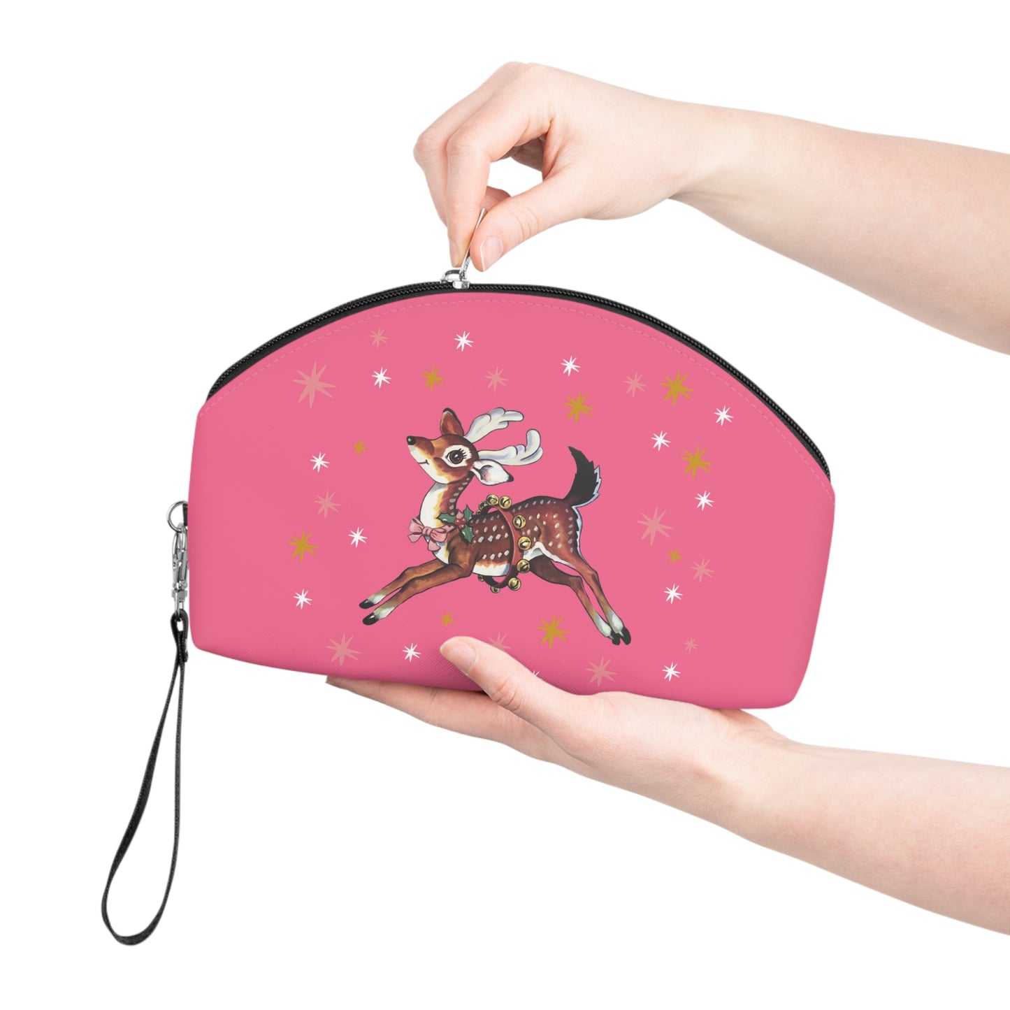 Reindeer Stars Retro Pink Retro Christmas Print Travel Cosmetic Makeup Bag