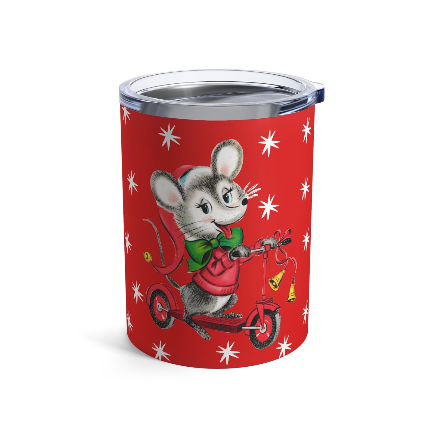 Christmas Mouse On Scooter Stars Mid Century Retro Christmas Print Stainless Steel Tumbler 10oz