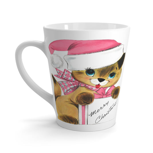 Christmas Kitten In Pink Santa Hat With Present Mid Century Retro Christmas Print Latte Coffee Mug