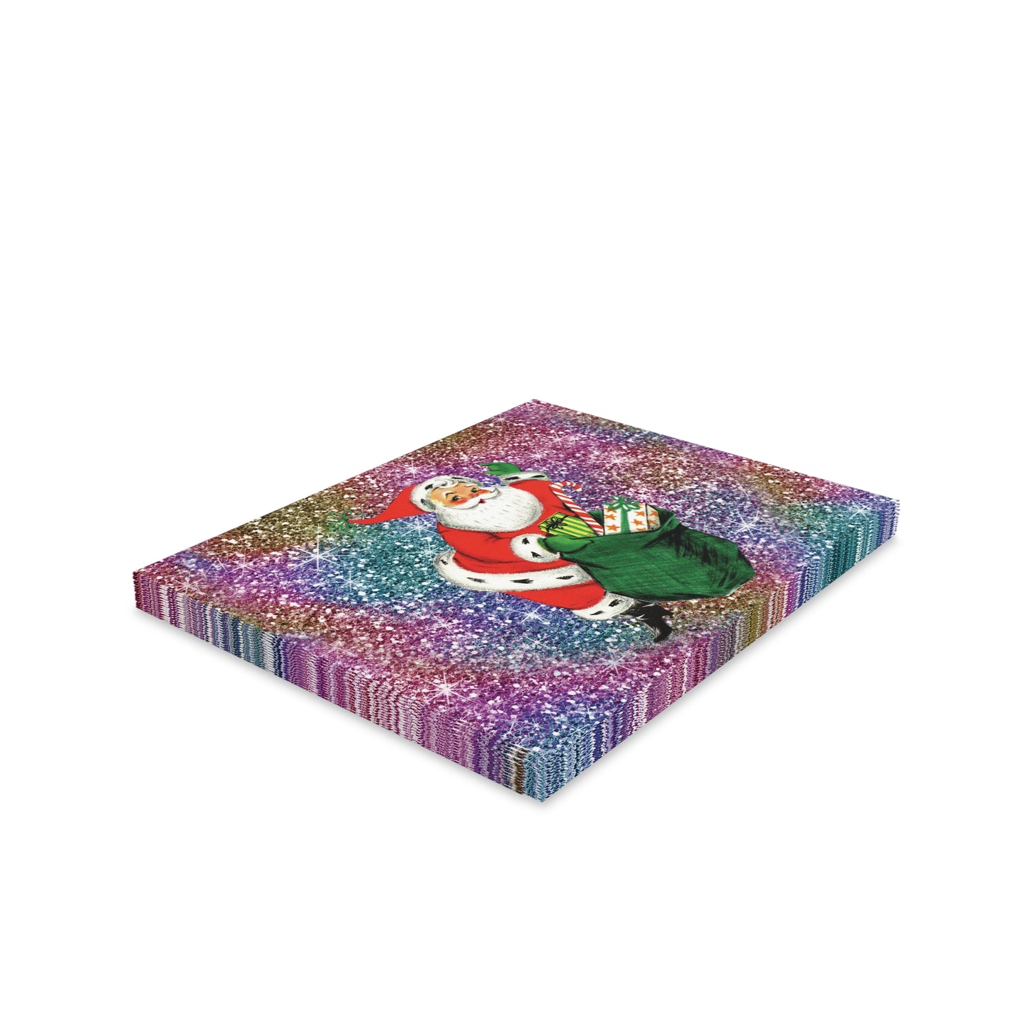 Santa With Sack Of Presents Glitter Background Mid Century Retro Christmas Print Matte Greeting Cards (8, 16, and 24 pcs)