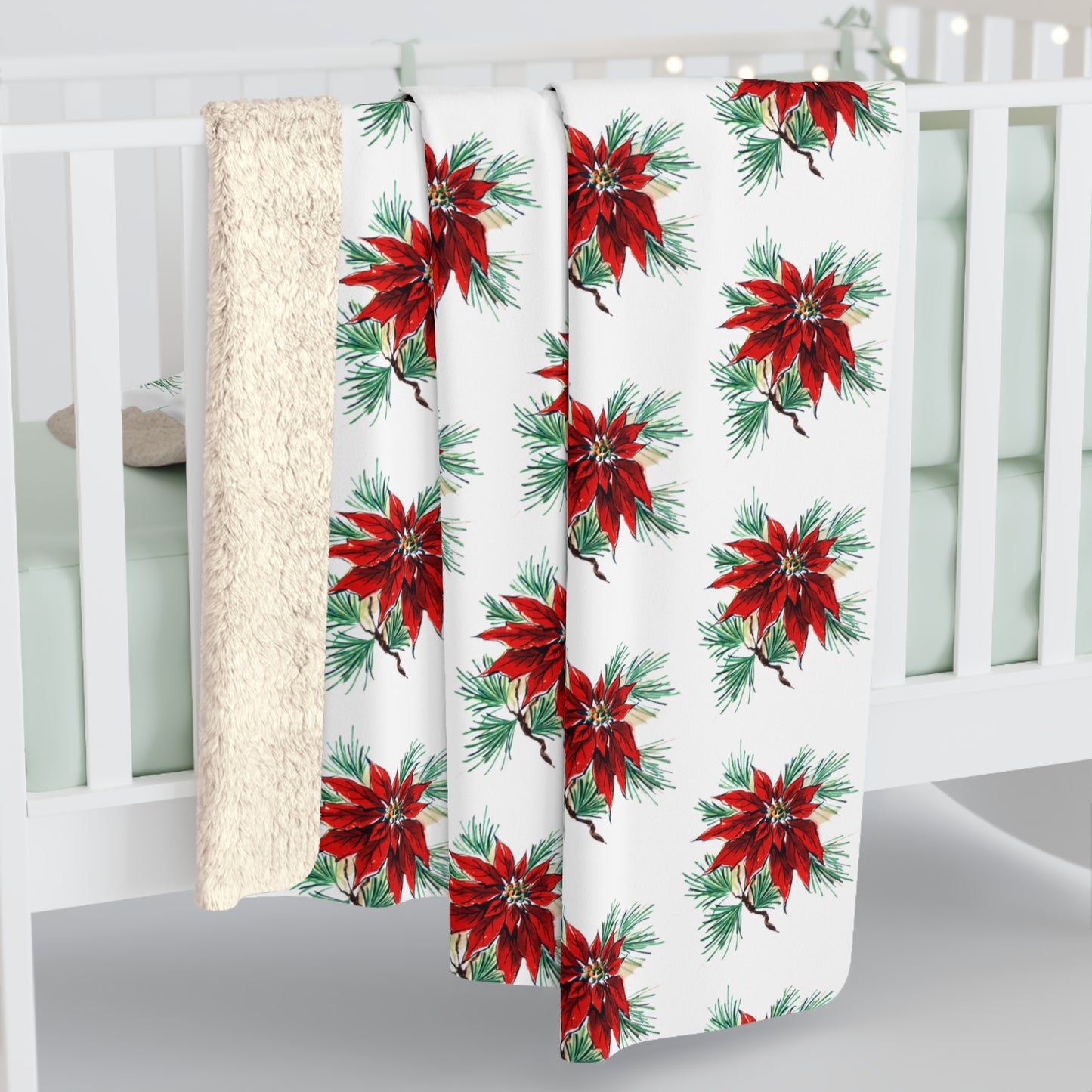 Christmas Poinsettias Mid Century Retro Christmas Print Sherpa Fleece Blanket