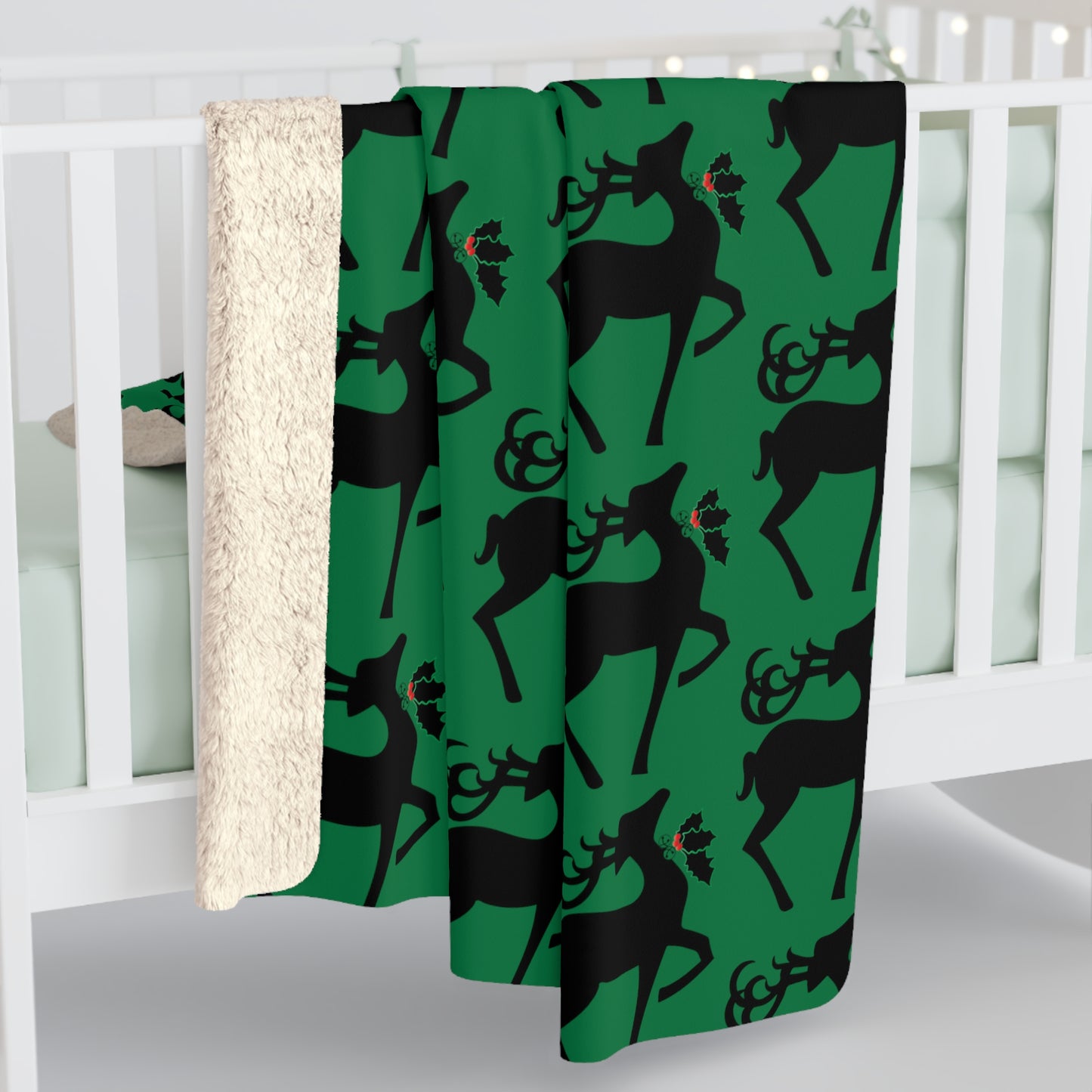 Reindeer Silhouette Green Retro Christmas Print Sherpa Fleece Blanket