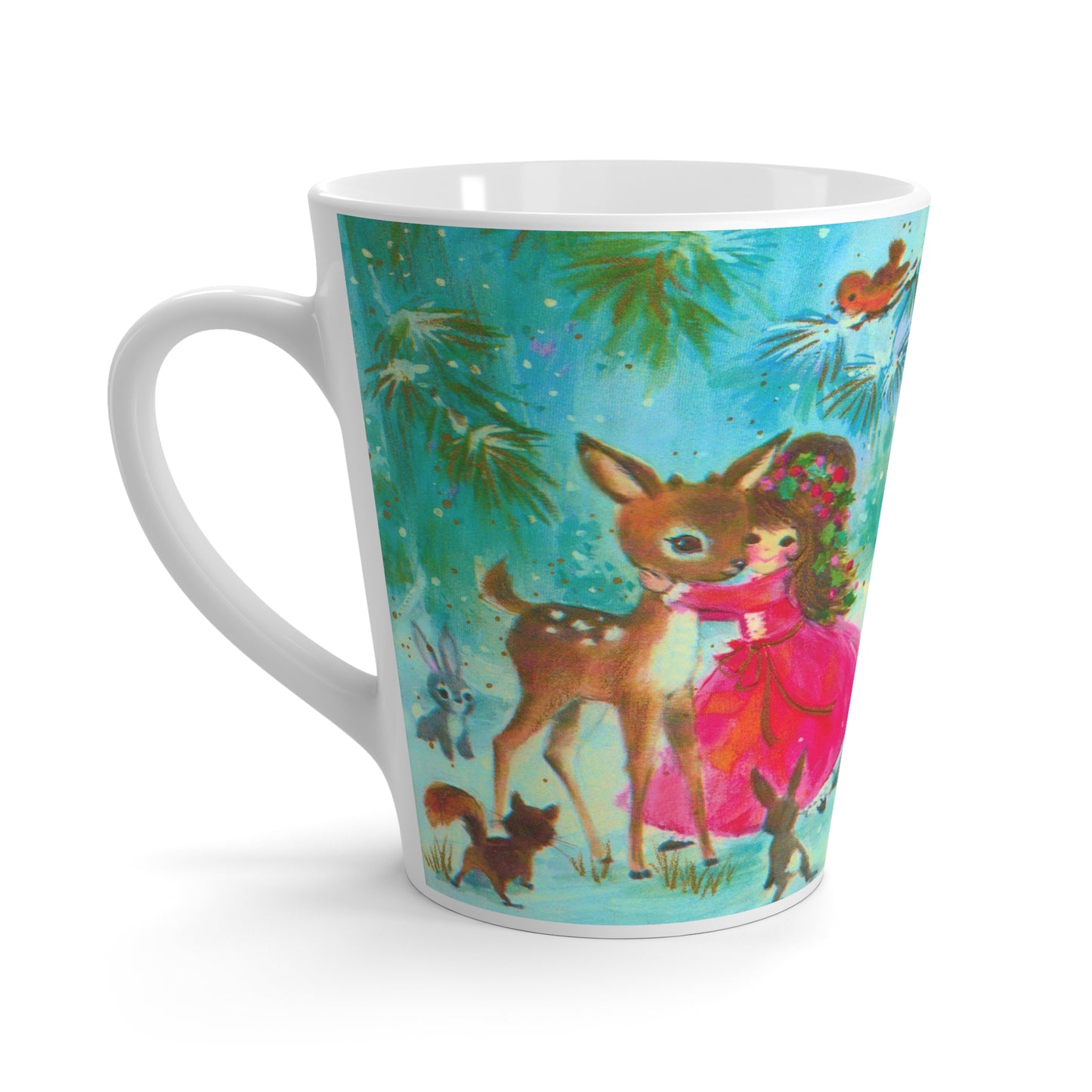 Girl Hugging Fawn Baby Deer Woodland Critters Mod Retro Christmas Print Latte Coffee Mug