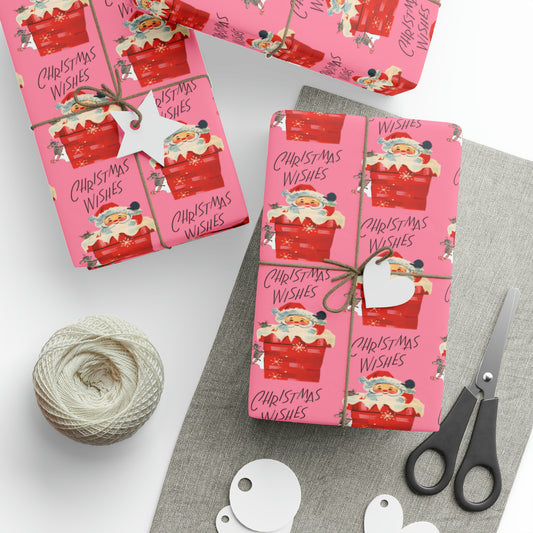 Christmas Wishes Santa In Chimney Pink Mid Century Retro Christmas Style Holiday Gift Wrap Paper - Glossy Or Matte