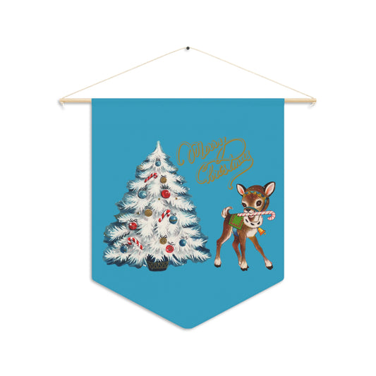 Merry Christmas Reindeer Tree Blue Mid Century Retro Christmas Print Wall Hanging Banner Flag