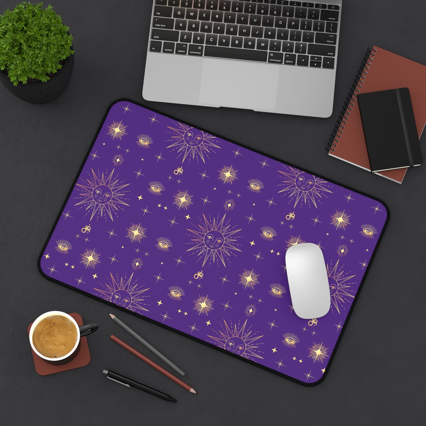 Celestial Gold Sun Stars Tarot Purple Desk Mat - 3 size options