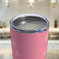 This 10 ounce pink stainless steel tumbler features two toasting champagne glasses with little bubbles. There is atomic era stars and lettering that says Cheers. It comes with a plastic sipping lid.