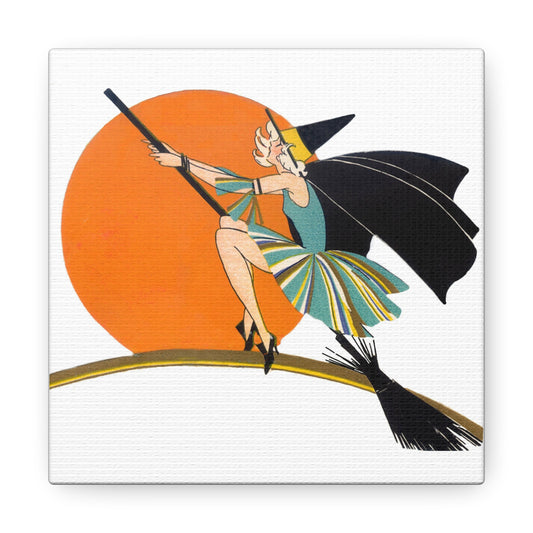 Flapper Witch On Broom Orange Moon Retro Halloween Decor Print Canvas Gallery Wrap