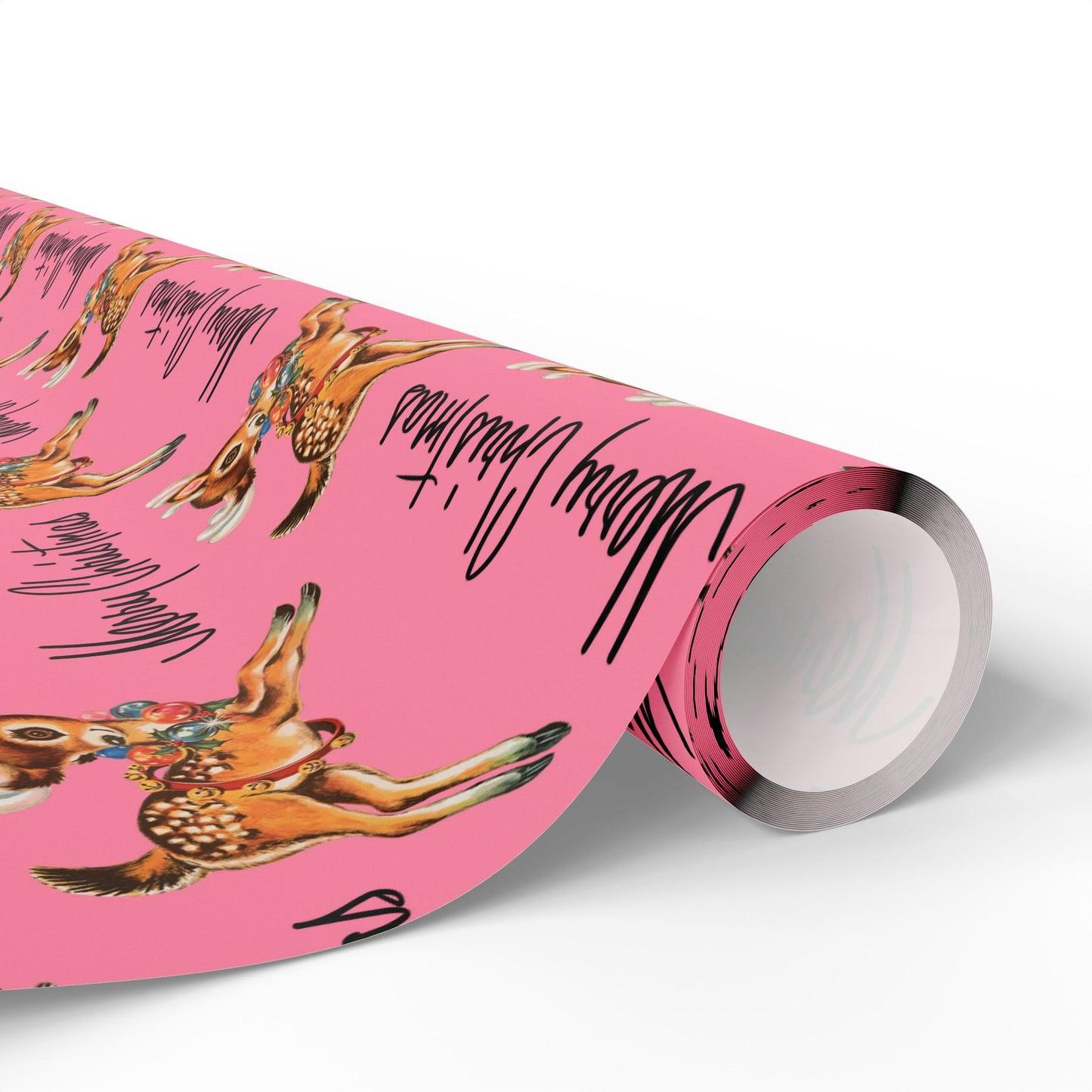 Merry Christmas Leaping Reindeer Pink Mid Century Retro Christmas Print Holiday Gift Wrap Paper - Glossy Or Matte