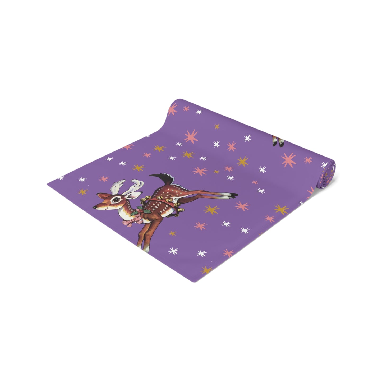 Reindeer Stars Purple Mid Century Retro Christmas Print Home Decor Cotton Poly Table Runner