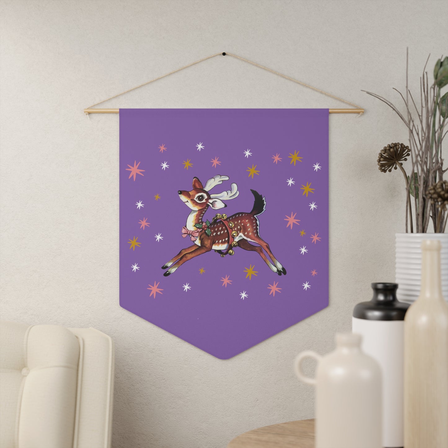 Reindeer Stars Purple Mid Century Retro Christmas Print Wall Hanging Banner Flag