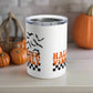 This 10 ounce stainless steel travel tumbler mug features orange retro lettering that says Halloween Vibes Only with black and white checkered print with flying bats. 