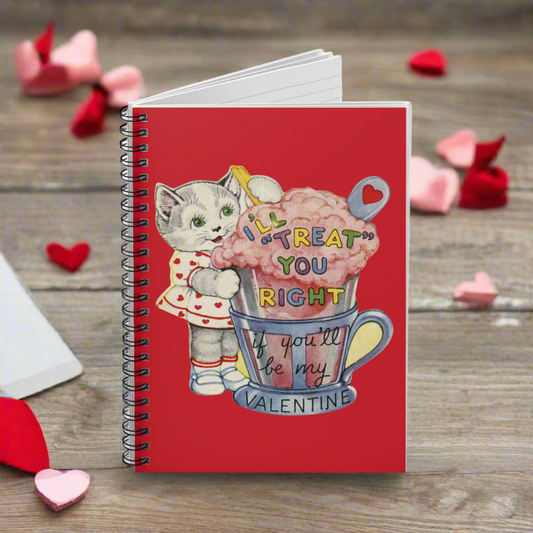 This red spiral notebook features a midcentury Valentine's Day illustration of a cute cat with a pink milkshake that says I'll Treat You Right if you'll be my Valentine.