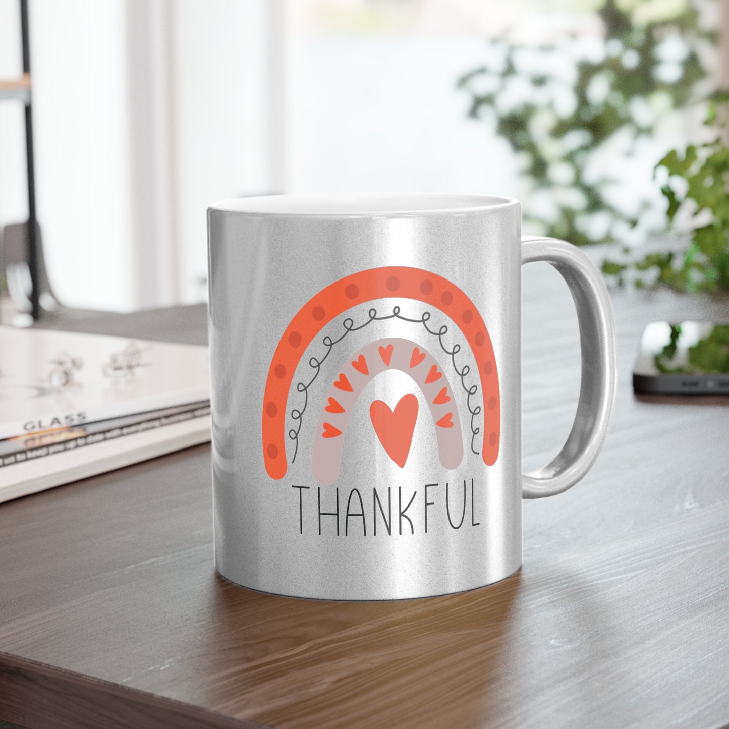 Thankful Boho Rainbow Thanksgiving Fall Decor Silver Metallic Mug