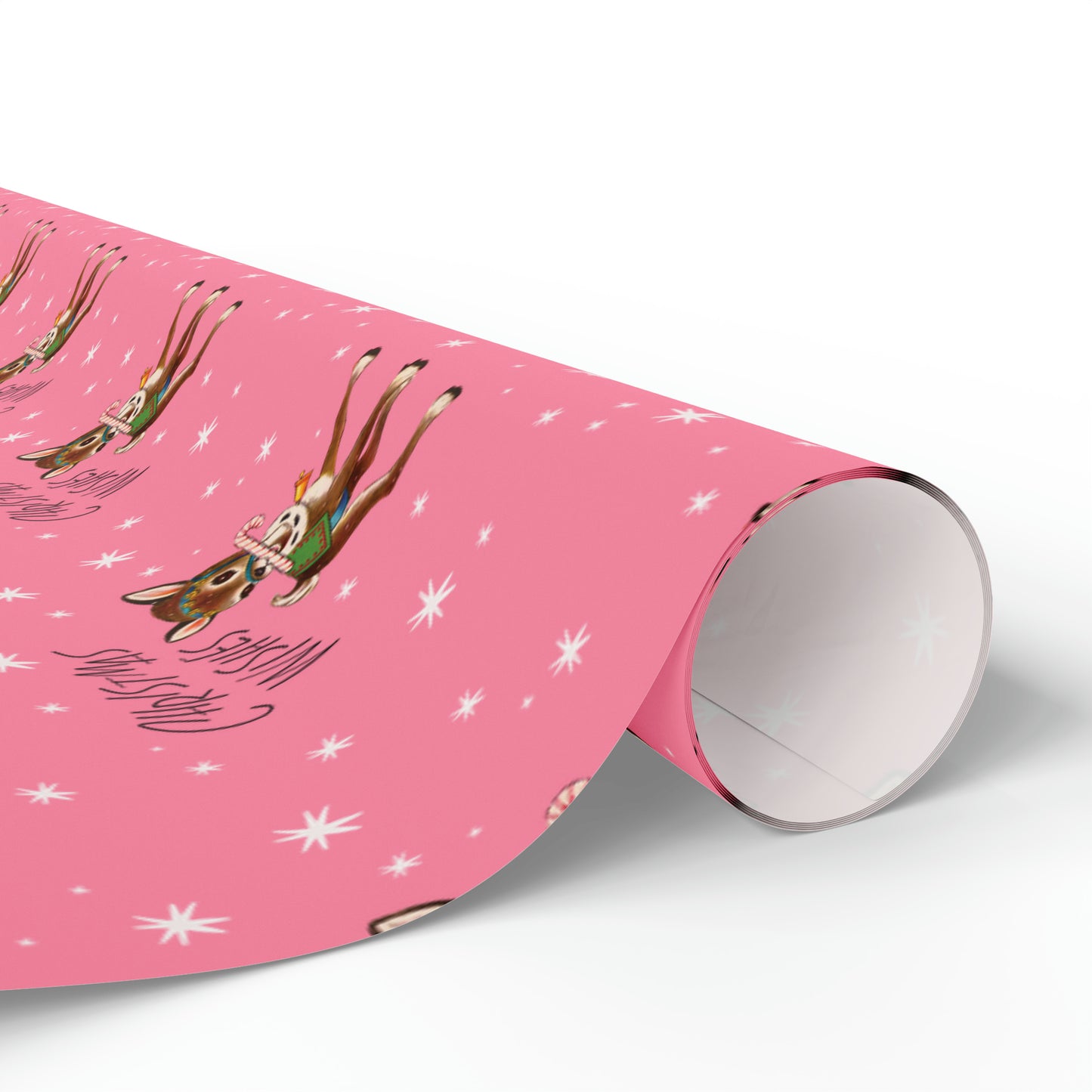 Christmas Wishes Reindeer With Candy Cane Pink Mid Century Retro Christmas Print Holiday Gift Wrap Paper - Glossy Or Matte