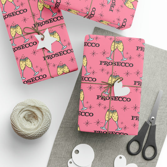 Prosecco Brunch Pink Atomic Retro Style Holiday Gift Wrap Paper - Glossy Or Matte