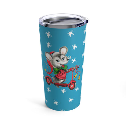 Christmas Mouse On Scooter Stars Bluee Mid Century Retro Christmas Print Stainless Steel Tumbler 20oz