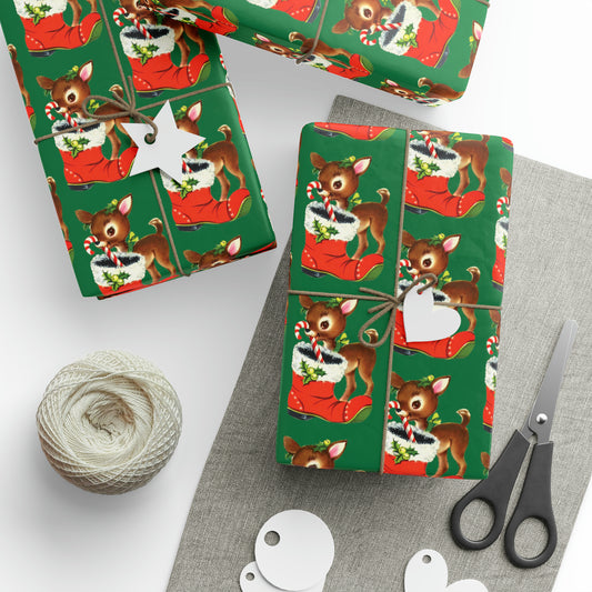 Reindeer With Stocking Mid Century Retro Christmas Print Holiday Gift Wrap Paper - Glossy Or Matte