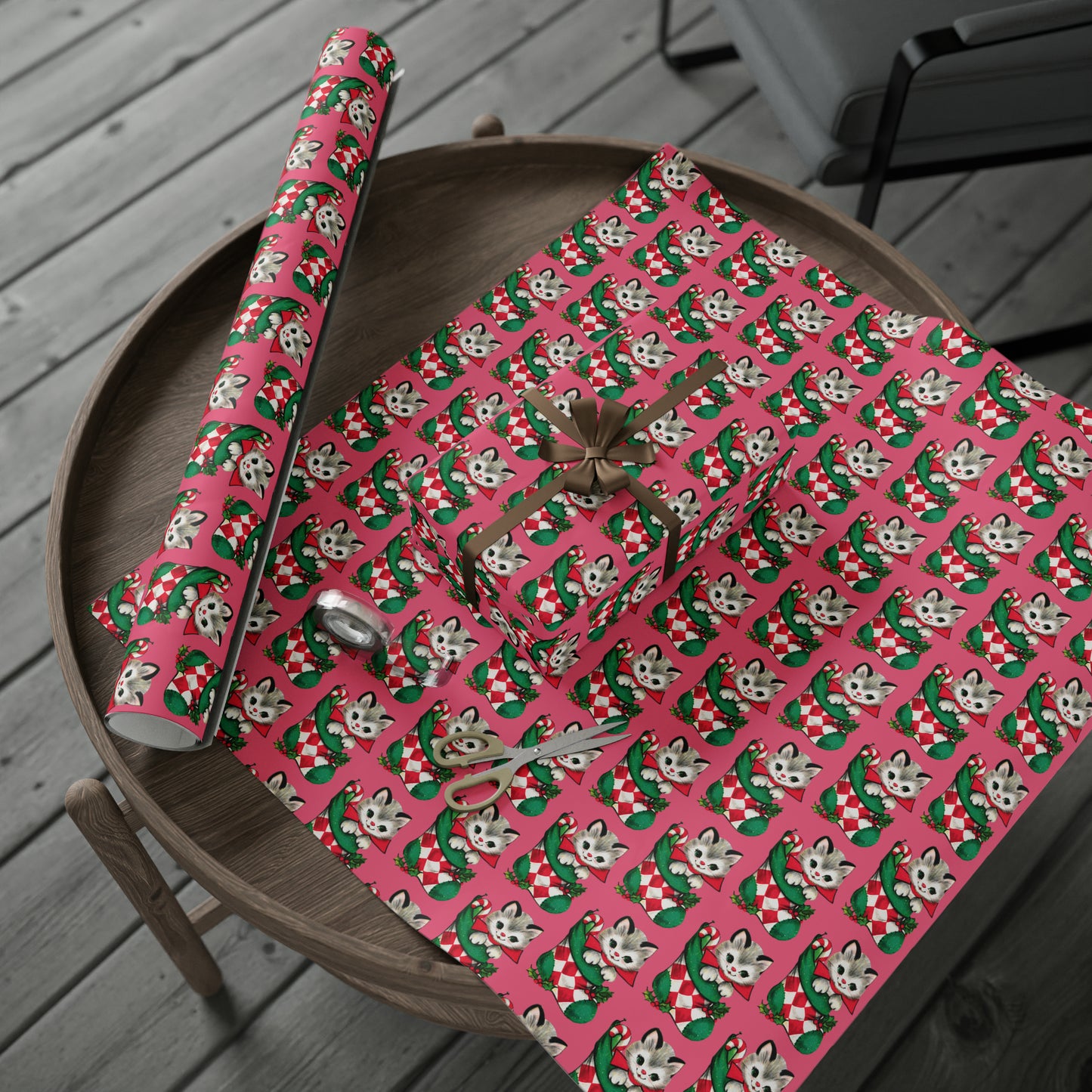 Christmas Kitten In Stocking Pink Mid Century Retro Christmas Print Holiday Gift Wrap Paper - Glossy Or Matte