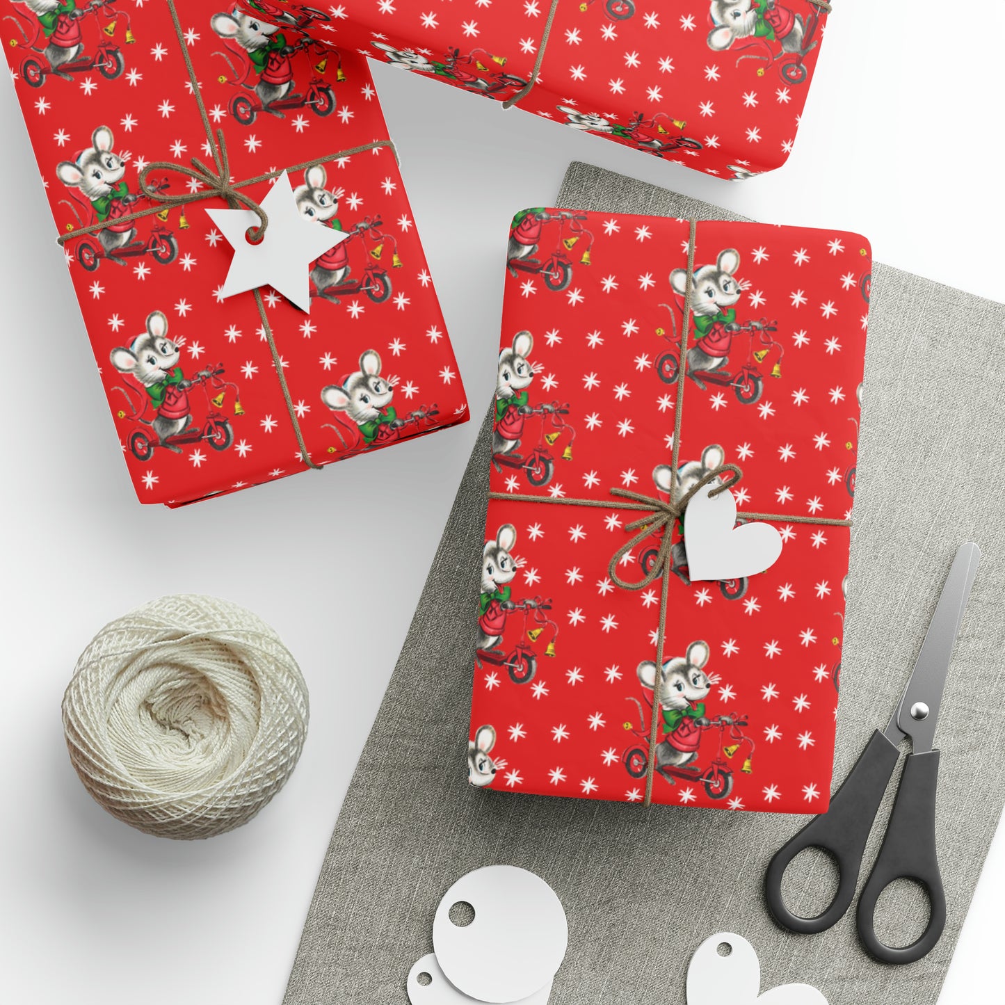 Christmas Mouse On Scooter Stars Red Mid Century Retro Christmas Print Holiday Gift Wrap Paper - Glossy Or Matte