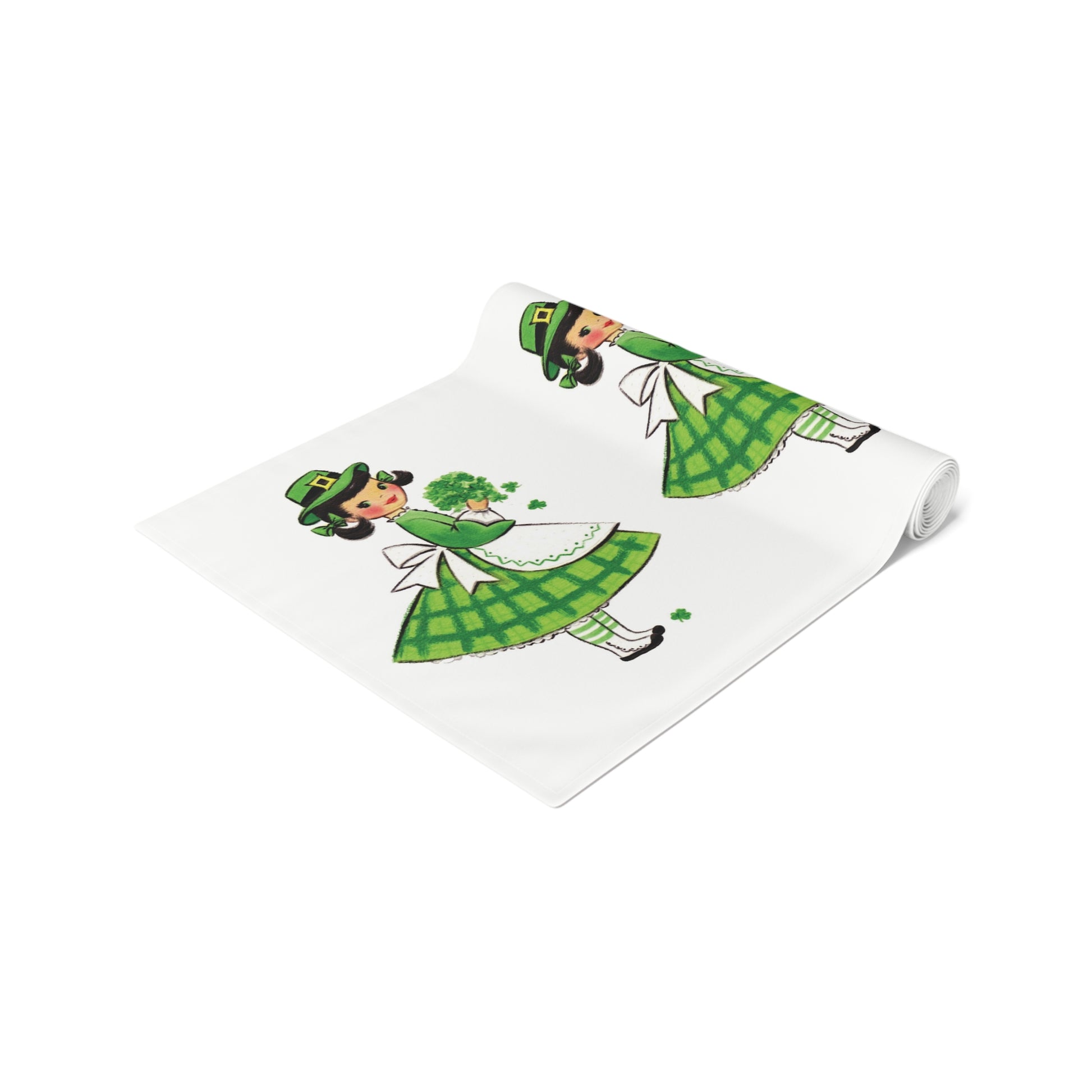 This table runner features a retro midcentury St. Patrick&#39;s Day illustration of a girl dressed in green, wearing a hat and holding shamrocks.