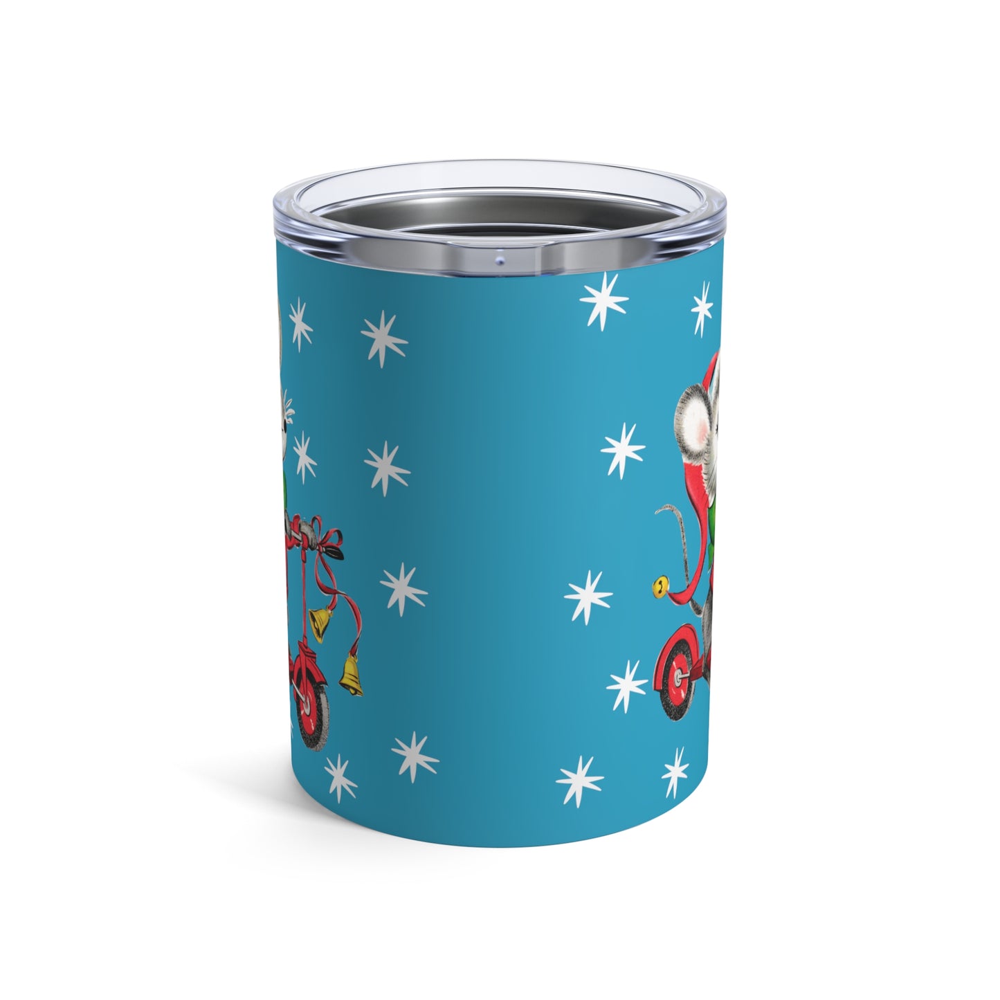 Christmas Mouse On Scooter Stars Blue Mid Century Retro Christmas Print Stainless Steel Tumbler 10oz