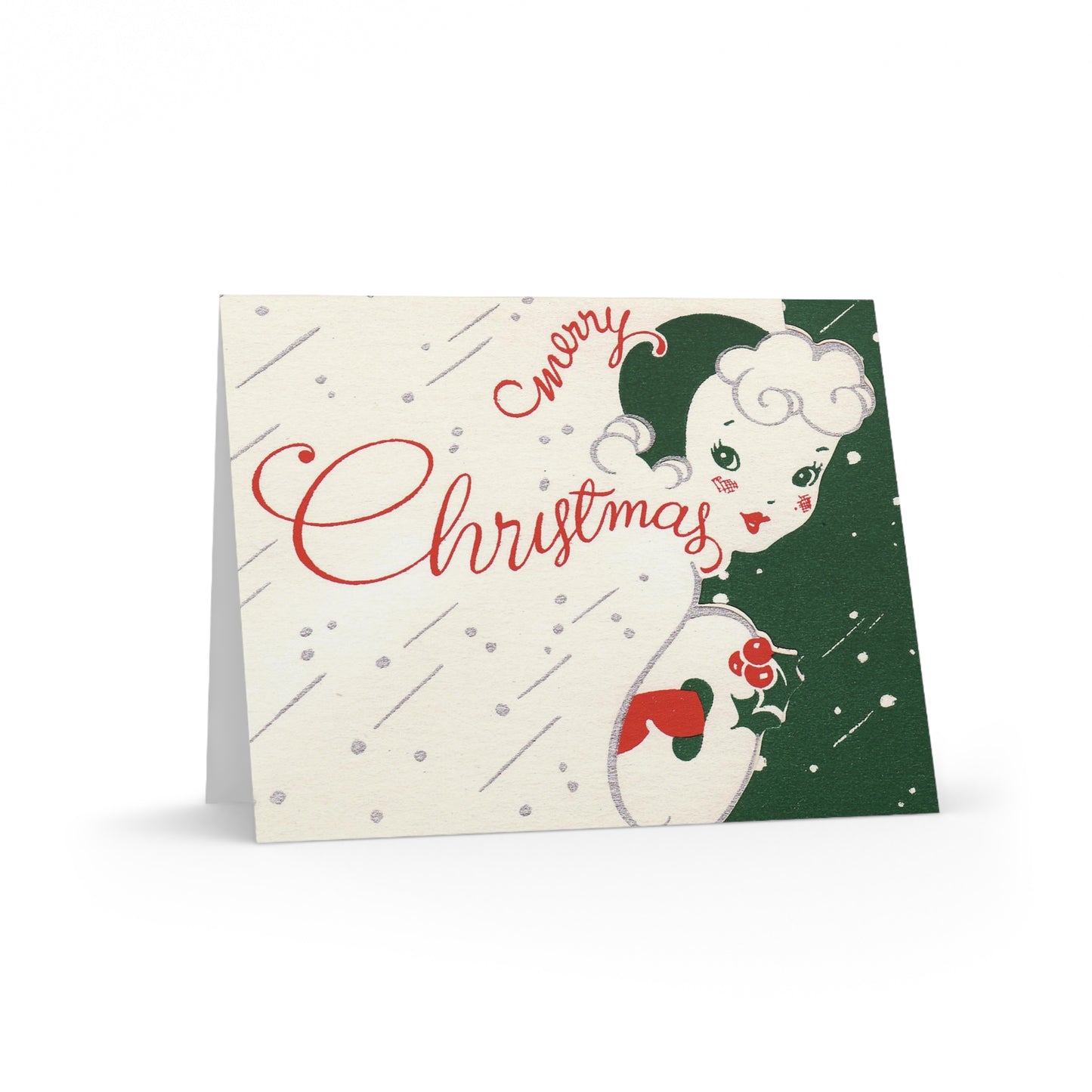 Merry Christmas Lady Mid Century Retro Christmas Print Matte Greeting Cards (8, 16, and 24 pcs)