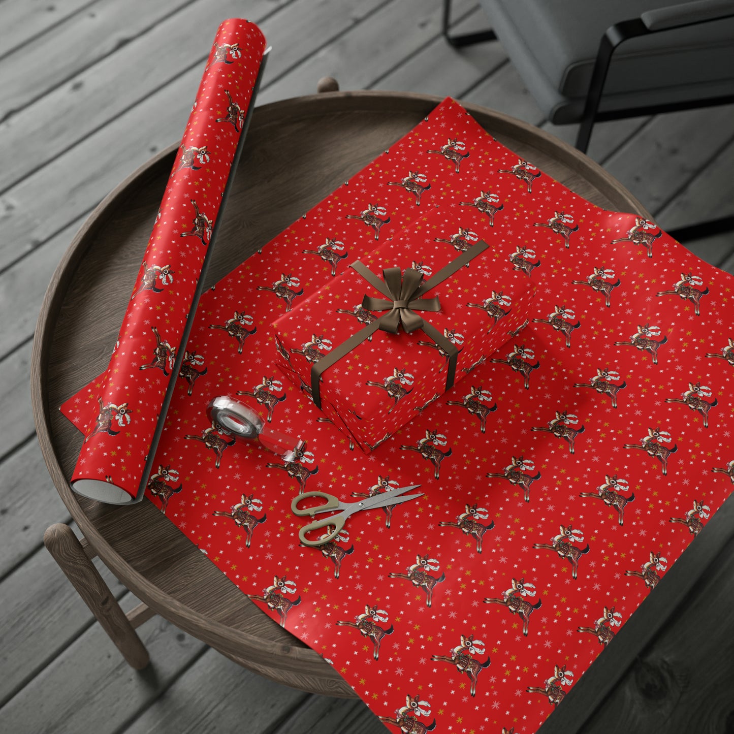 Leaping Reindeer Stars Red Mid Century Retro Christmas Print Holiday Gift Wrap Paper - Glossy Or Matte