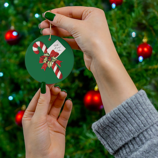 With All Good Wishes Candy Cane Retro Christmas Print Ceramic Ornament