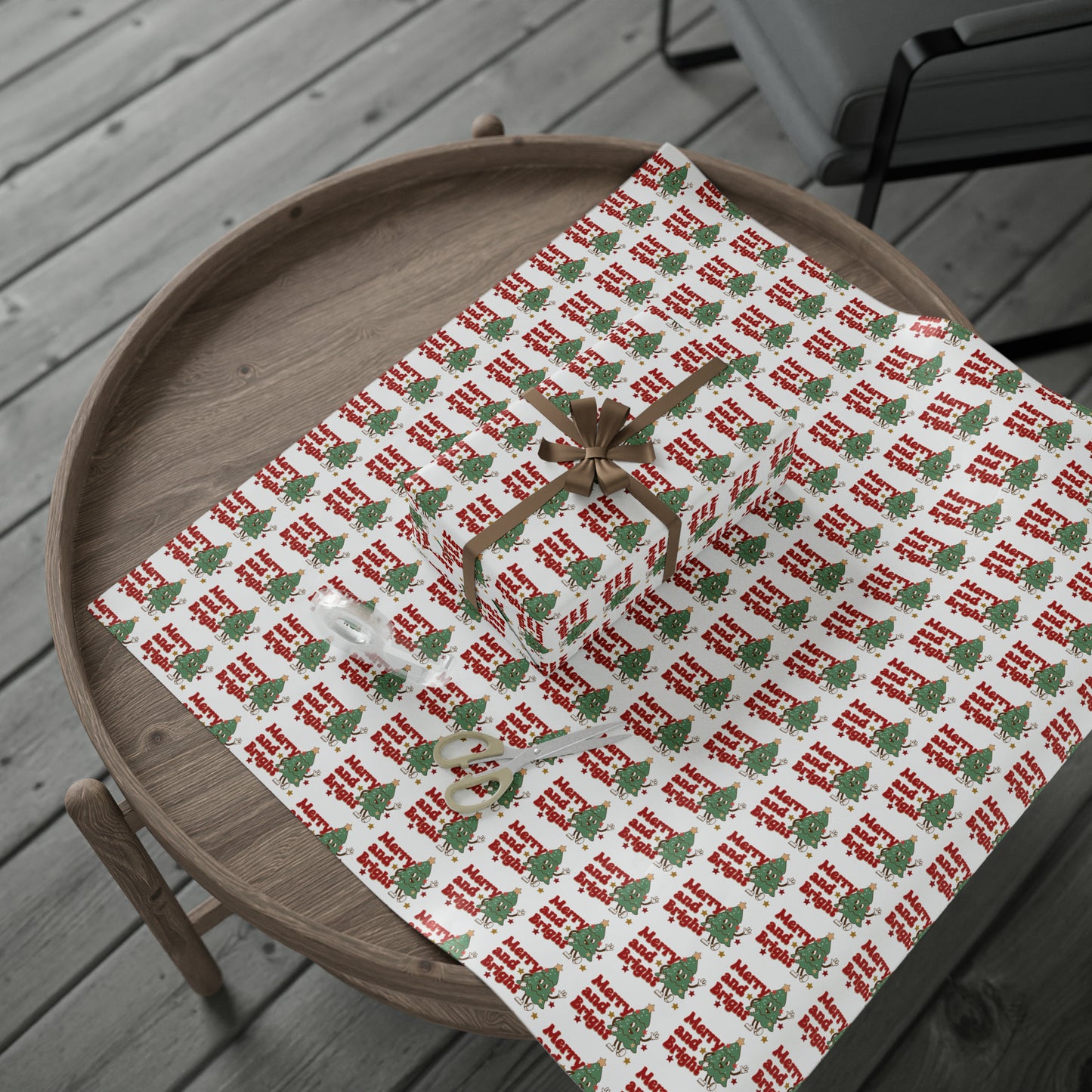 Merry And Bright Cute Christmas Tree Retro Style Christmas Holiday Gift Wrap Paper - Glossy Or Matte