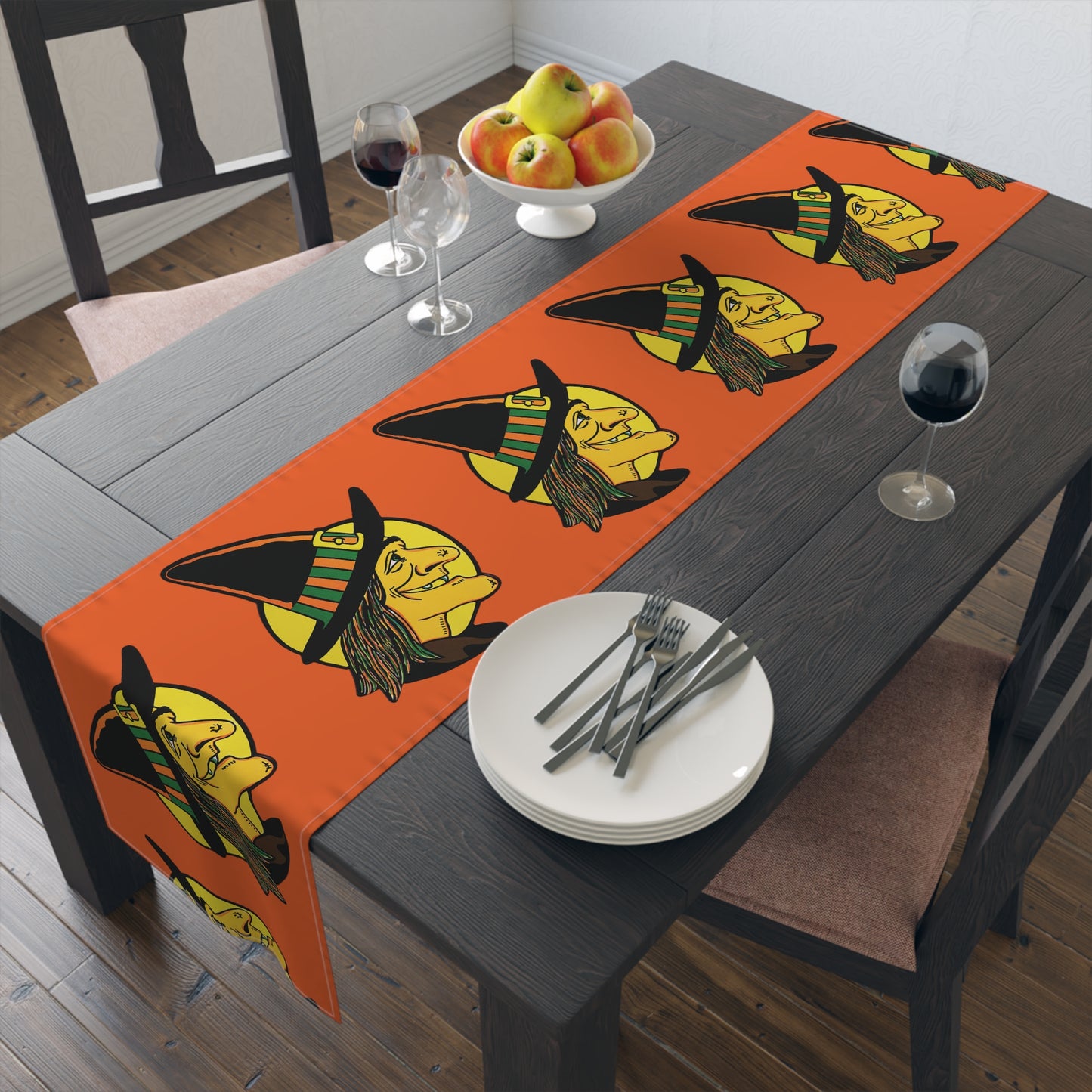 Halloween Witch Retro Halloween Print Orange Cotton Table Runner