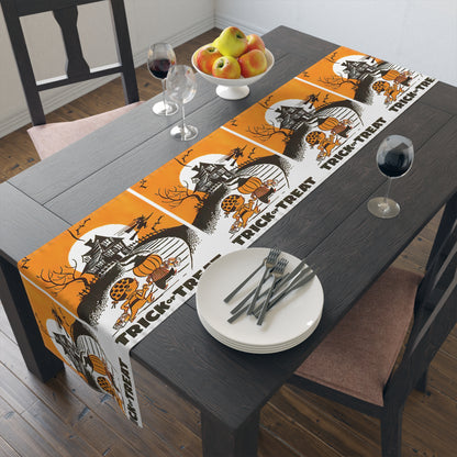 Trick Or Treat Haunted House Retro Halloween Print Cotton Poly Table Runner